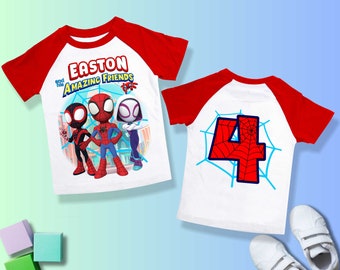 Camiseta de cumpleaños inspirada en Spider, fiesta temática de Spidey y sus amigos, camisa personalizada, camisa de cumpleaños de regalo, camisetas familiares SY17