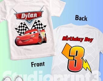 T-shirt d'anniversaire inspiré de voiture, fête à thème Car McQueen, voitures chemise personnalisée pour enfants, chemise d'anniversaire cadeau, t-shirts de famille personnalisés CS12