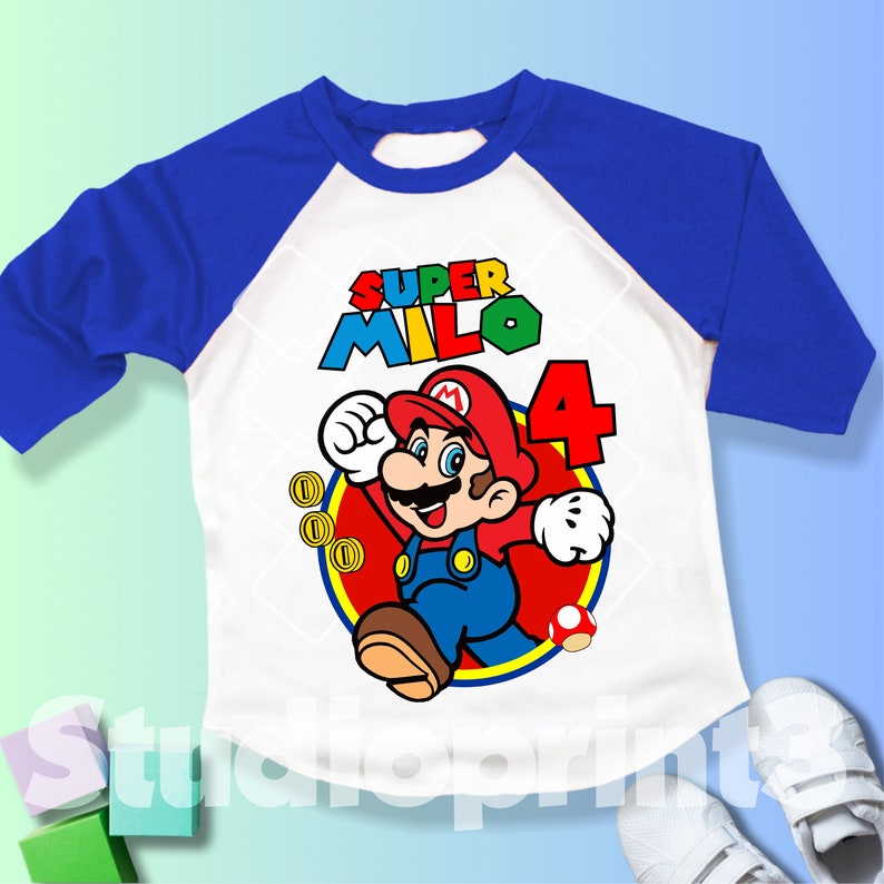 Maglietta personalizzata compleanno Mario, Super regalo, camicia familiare personalizzata, Tutti i colori, Tutte le taglie, Maniche corte, 3/4 e lunghe Raglan SM10 immagine 6