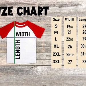 以下が含まれることがあります： 白と赤のラグランTシャツとサイズチャート。サイズチャートは、S、M、L、XL、2XL、3XLのサイズの幅と長さをセンチメートルで表示します。「サイズチャート」というテキストが上部にあります。