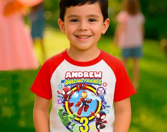Personlig Spider Friends födelsedagströja, superhjältefesttröja
