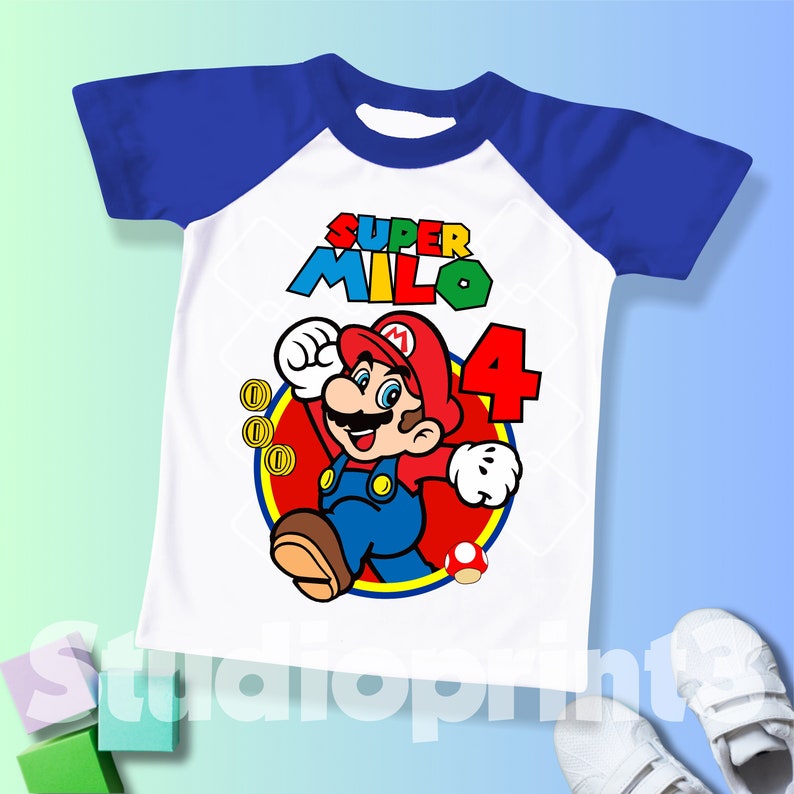 Maglietta personalizzata compleanno Mario, Super regalo, camicia familiare personalizzata, Tutti i colori, Tutte le taglie, Maniche corte, 3/4 e lunghe Raglan SM10 immagine 3