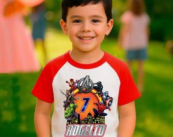 Maglietta personalizzata per il compleanno di un supereroe, regalo fantastico, maglietta personalizzata per la famiglia, tutti i colori, tutte le taglie, maniche corte, a 3/4 e lunghe raglan