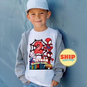 T-shirt d'anniversaire inspiré d'araignée, fête à thème Spid et ses amis, chemise personnalisée, chemise d'anniversaire cadeau, t-shirts de famille / chemise raglan SY04
