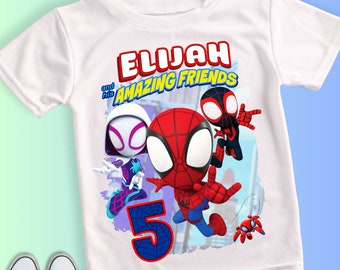 Camiseta de cumpleaños inspirada en Spider-Man, fiesta temática de Spider-Man y sus amigos, camiseta personalizada, camiseta de regalo de cumpleaños, camisetas familiares SY15