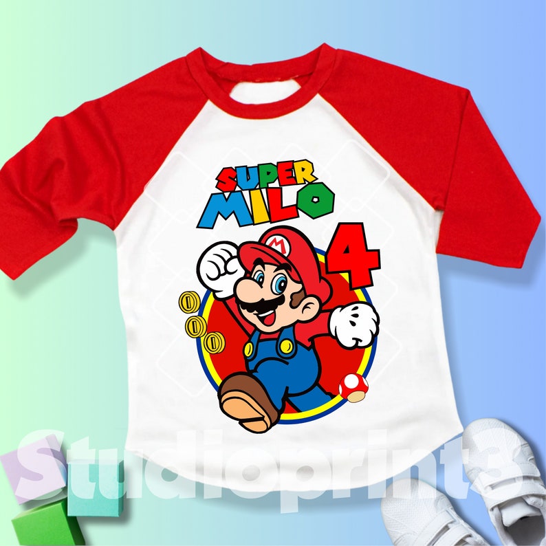 Maglietta personalizzata compleanno Mario, Super regalo, camicia familiare personalizzata, Tutti i colori, Tutte le taglie, Maniche corte, 3/4 e lunghe Raglan SM10 immagine 4