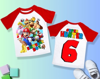 Mario Geburtstags-T-Shirt, Supergeschenk, personalisiertes Familien-Shirt, Mario-Party, Geschenk-Geburtstags-Shirt, Familien-T-Shirts / Raglan-Shirt alle GrößenSM-28