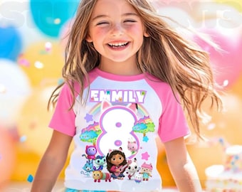Inspirerad födelsedagsflicka-t-shirt, Meowy-festtema, personlig barntröja
