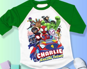 Personalisierte Spinne und Freunde Geburtstag Raglan Shirt
