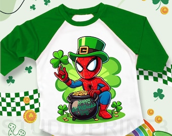 St Patrick Day Spider Chibi Day T Shirt, Spidey and Friends Tee, Raglan Superhero Patrick Day, Happy Patrick day, Gift Saint Patrick&#39;s Day