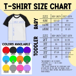 May include: T-shirt size chart for baby and toddler sizes. The chart shows measurements in inches for chest width and body length. Colors available include red, black, blue, purple, light blue, neon green, neon orange, dark green, yellow, gray, pink, and lilac.