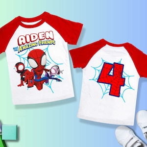 Spinne inspiriert Geburtstag T-Shirt, Spidey und seine Freunde Thema Party, personalisierte Shirt, Geschenk Geburtstag Shirt, Familie T-Shirts Vorne und hinten SY11