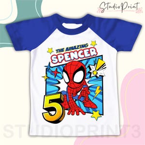 スパイダー風バースデーボーイTシャツ、スパイダーフレンズテーマパーティー、スーパーヒーローパーソナライズシャツ、ギフトバースデーシャツ、家族お揃いTシャツ