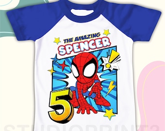 Camiseta de cumpleaños inspirada en Spider para niño, fiesta temática de amigos Spidy, camiseta personalizada de superhéroe, camiseta de cumpleaños de regalo, camisetas familiares a juego