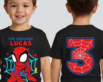 Camiseta personalizada de cumpleaños de araña, fiesta temática de amigos, camisetas familiares IG47