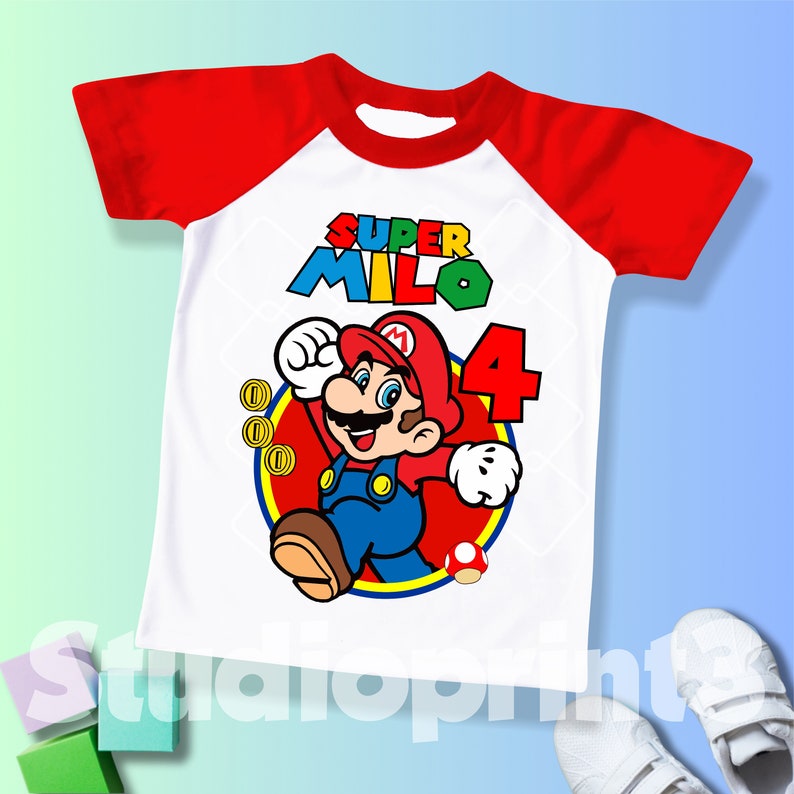 Mario Birthday Custom T Shirt, Super gift, Personalized Family shirt, All colors, All Sizes, Short, 3/4 & Long Raglan Sleeves SM10 image 1