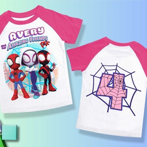 T-shirt d'anniversaire inspiré d'araignée fantôme, fête à thème Spid et ses amis, chemise personnalisée, chemise d'anniversaire cadeau, t-shirts de famille, toutes les tailles SY20
