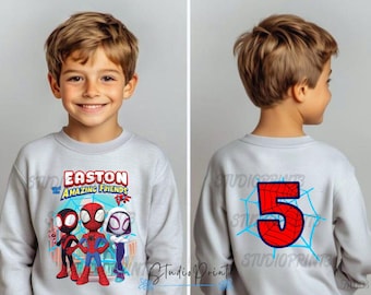 Sweat-shirt d'anniversaire araignée inspiré, fête à thème Spidy & his friends, sweat-shirt personnalisé, sweat-shirt d'anniversaire cadeau, t-shirt famille SY17