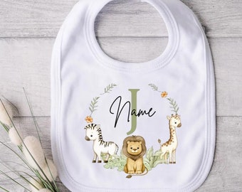 Personalised Baby Bib, Safari Animals Bibs, Initial with Name Bib, Newborn Wild One Birthday Gifts, Infant Saliva Towel, Baby Shower Gift