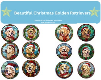 12 Golden Retrievers - High Quality JPGs - Digital Download - Card Making, Mixed Media, Christmas, Clipart, Stained Glass Retriever