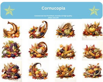 12 cornucopie/corno dell'abbondanza - JPG di alta qualità - Download digitale - Creazione di cartoline, Media misti, Mestiere con la carta digitale, Clipart, Decorazione della parete