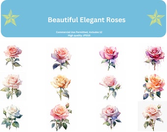 12 bellissime rose eleganti - JPG di alta qualità - Download digitale - Creazione di cartoline, Media misti, Mestiere con carta digitale, Clipart, Progetto materiale