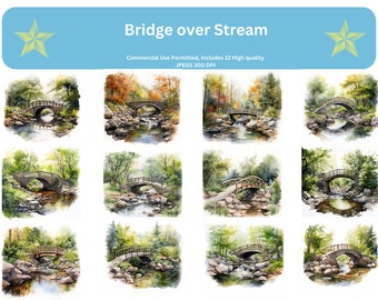 12 Bridges over Stream  - High Quality JPGs - Digital Download - Card Making, Mixed Media, Digital Paper Craft, Clipart, Wall Decor