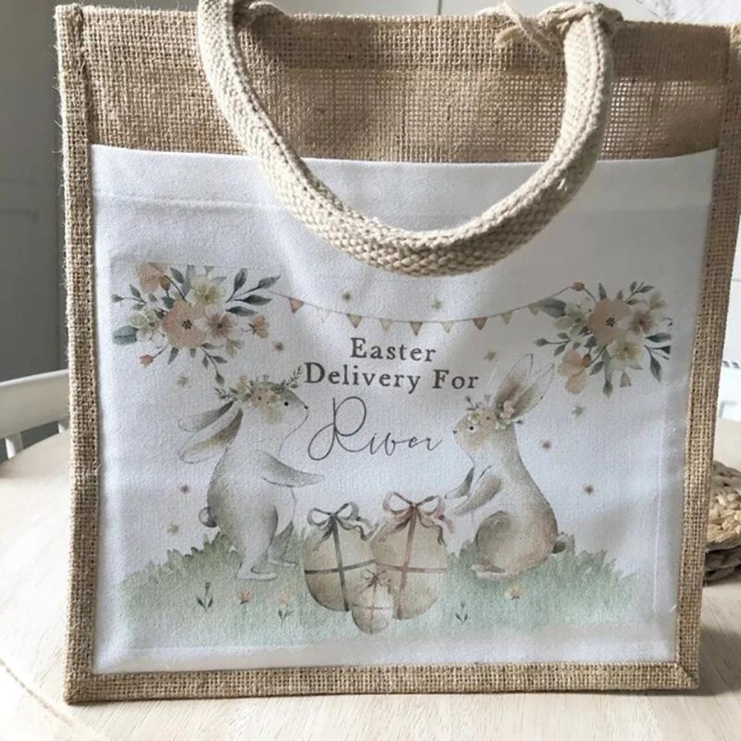 Personalised Easter Jute Bag, Bunny Rabbit Egg Hunt Basket, Happy ...