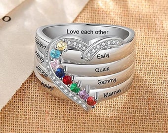 Personalized 1-8 Birthstone Rings, Silver Heart Custom Engraved, Family Name for Mother Days, Aniversary Jewelry, Birthstone Ring