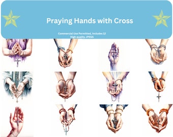 12 Praying Hands with Cross  - High Quality JPGs - Digital Download - Card Making, Mixed Media, Digital Paper Craft, Clipart, Scrapbooking