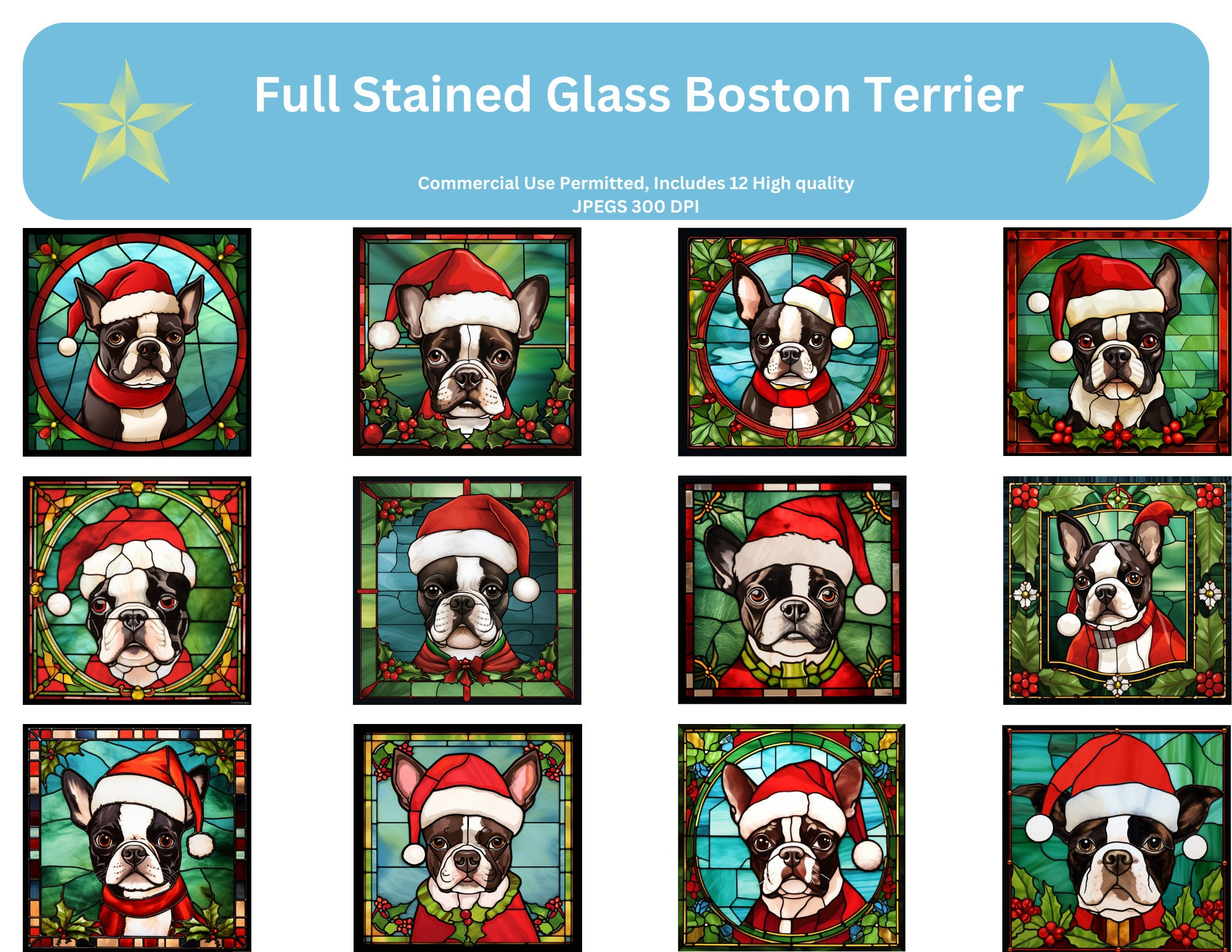 12 Stained Glass Boston Terrier High Quality Jpgs Digital Etsy