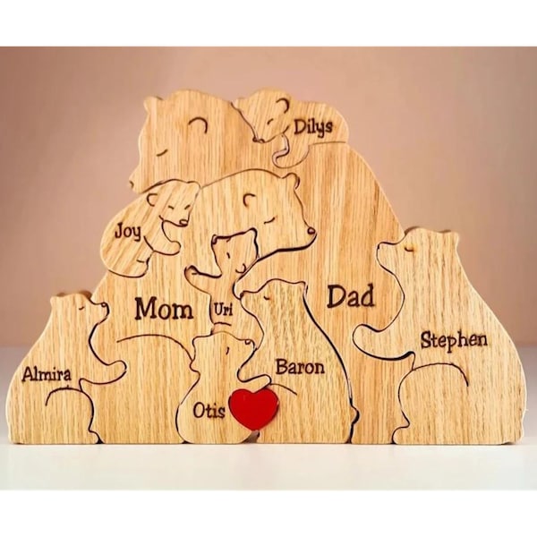 Personalised bear family ornament, wood carving bear, custom bear hug, home crafts, holiday, birthday gift, family keepsake, custom family