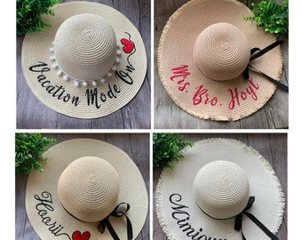 Embroidery Personalized Custom Sun Hat, Text LOGO Embroidery Women Sun Hat, Large Brim, Straw Hat, Outdoor Beach hat, Summer Cap