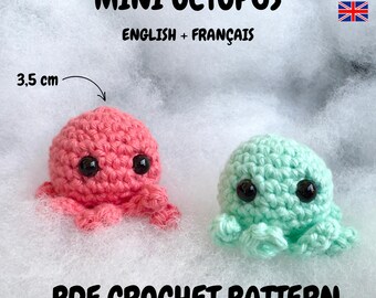 May include: Two crocheted octopus amigurumi toys, one pink and one light green, with black eyes. The octopus toys are 3.5 inches tall. The image includes the text "MINI OCTOPUS ENGLISH + FRANÇAIS PDF CROCHET PATTERN".