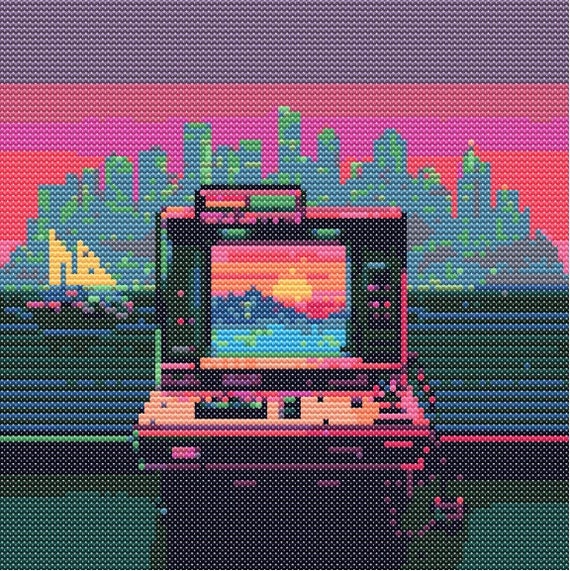 JAM HOME MADE / 8bit PIERCE ＜VAPORWAVE＞ 80s Retro PC Pixel Art Cross Stitch Pattern - PDF Files Only