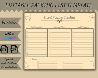 Editable Travel List Checklist Template – Canva Printable Packing ...