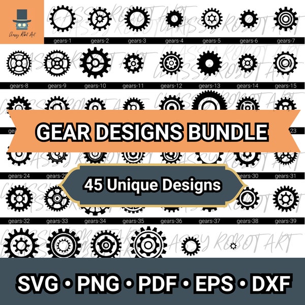 45 Gear Design Bundle | Gear SVG Designs | Gears PNG | Gears Clipart | Gears Cut Files | Gears Vector ART | Steampunk Gears