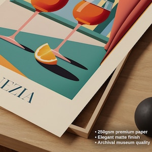 The image is a poster or artwork featuring two wine glasses with orange slices, placed on a wooden surface.