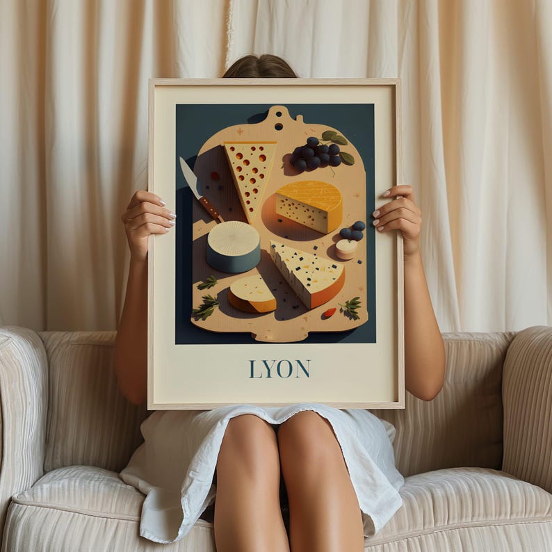 A person is sitting on a couch holding a framed picture of cheese and grapes in front of them.