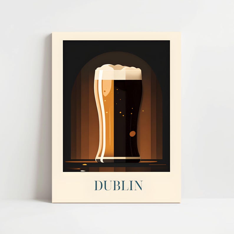 A poster depicting a glass of beer with a dark background and a warm, golden glow, with the word "DUBLIN" written below.