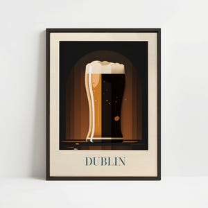 May include: A vintage-style poster with a glass of dark beer with a white head. The glass is sitting on a wooden surface. The poster has the word "DUBLIN" printed in blue at the bottom.