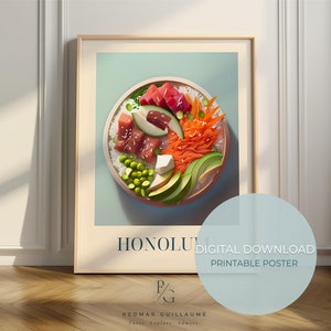 Pokebowl food art - Honolulu print - Hawaiian kitchen poster - digital download