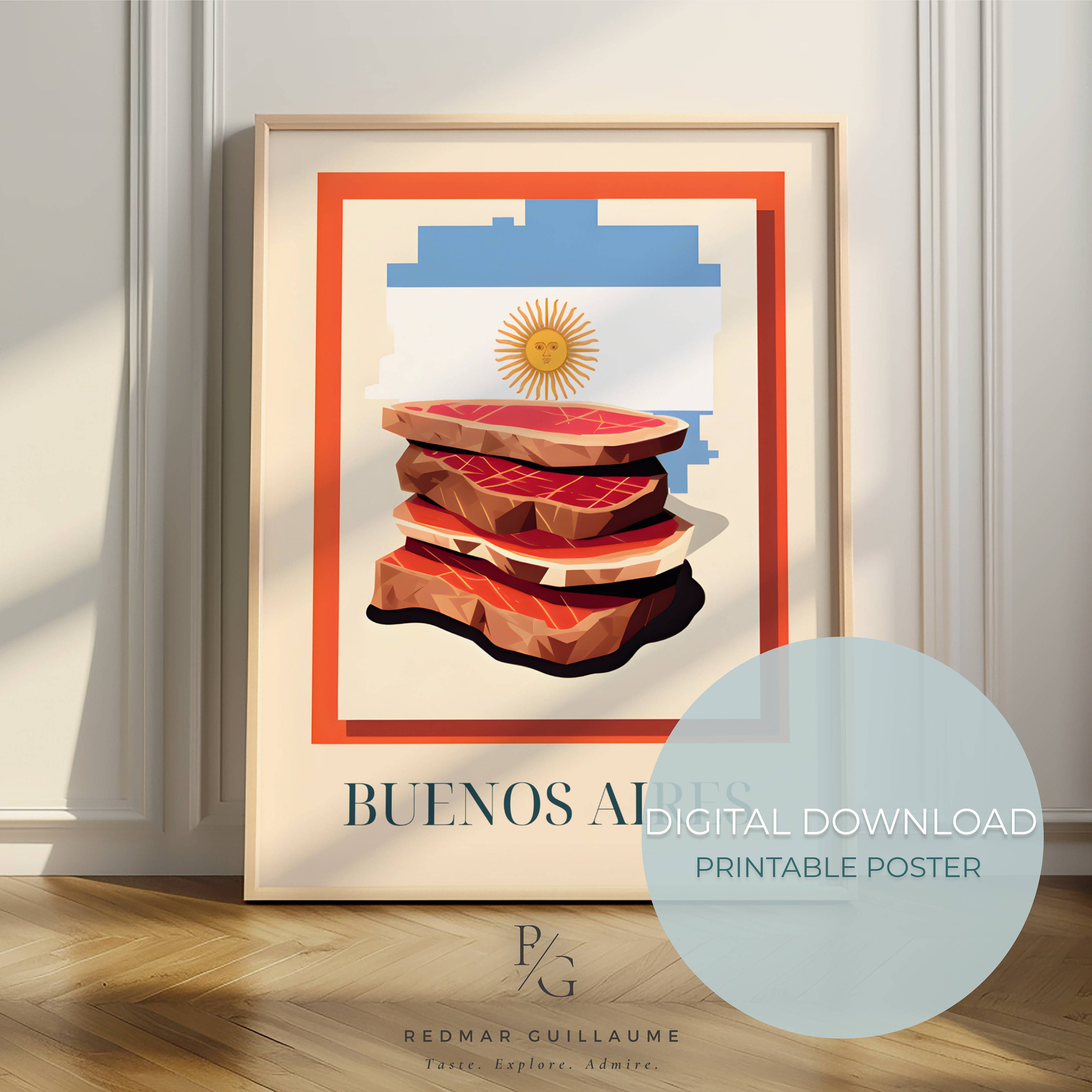 Buenos Aires poster - Steak from Argentina - South American kitchen print - Colorful artwork to decorate your kitchen - digital download