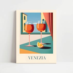 a scenic view of Venice, Italy, with two glasses of wine and an orange slice on a table, set against a backdrop of colorful buildings and a clear blue sky.