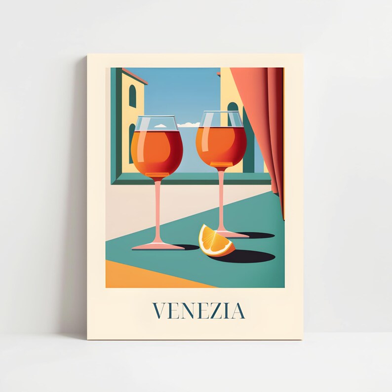 a scenic view of Venice, Italy, with two glasses of wine and an orange slice on a table, set against a backdrop of colorful buildings and a clear blue sky.