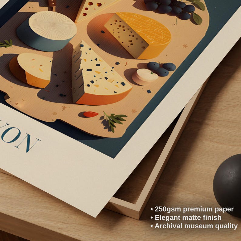 The image is a poster or artwork featuring an illustration of various cheeses, grapes, and other food items arranged on a wooden surface.