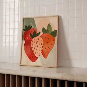 Strawberries Art Poster: Calm Warm colors, Minimalist Design - Perfect Gift for Art & Home Decor Enthusiasts - Poster only or framed