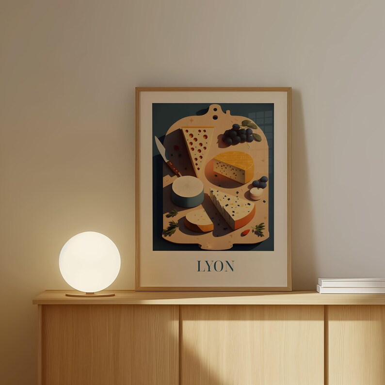 a framed poster of cheese and grapes on a wooden shelf, with a round light fixture on the shelf below it.