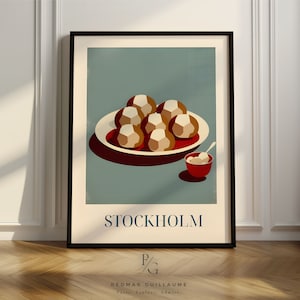 Poster artística da cozinha de Köttbullar (almôndegas suecas) de <br> Entrega Rápida? Pôster de Estocolmo | Poster vintage da Suécia | almôndegas pôster | apenas pôster ou emoldurado