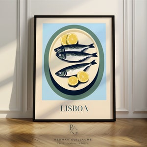 Sardines artsy kitchen print | Lisboa, Portugal kitchen artwork | Retro, vintage European poster | poster only or framed